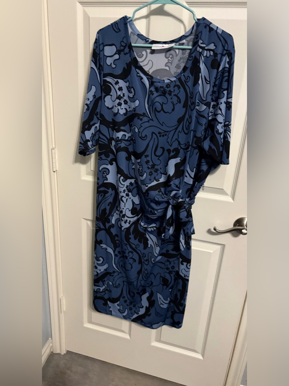 288 - Avenue Navy and Light Blue Paisley Tie-Waist Midi Dress